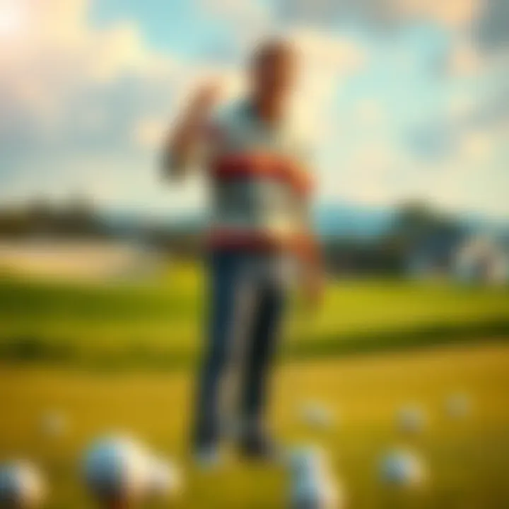A golfer stands on the green with a frustrated expression, holding a golf club, surrounded by golf balls and a scenic course in the background.