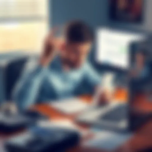 A person sits at a desk looking frustrated while holding a Ledger Nano S device that is unresponsive. Papers and a laptop are scattered around, displaying a support chat on the screen.