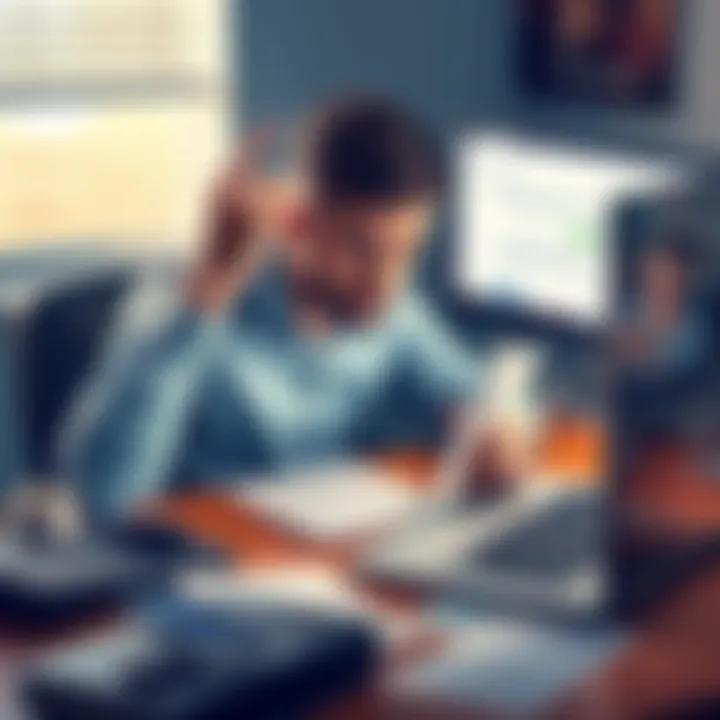 A person sits at a desk looking frustrated while holding a Ledger Nano S device that is unresponsive. Papers and a laptop are scattered around, displaying a support chat on the screen.