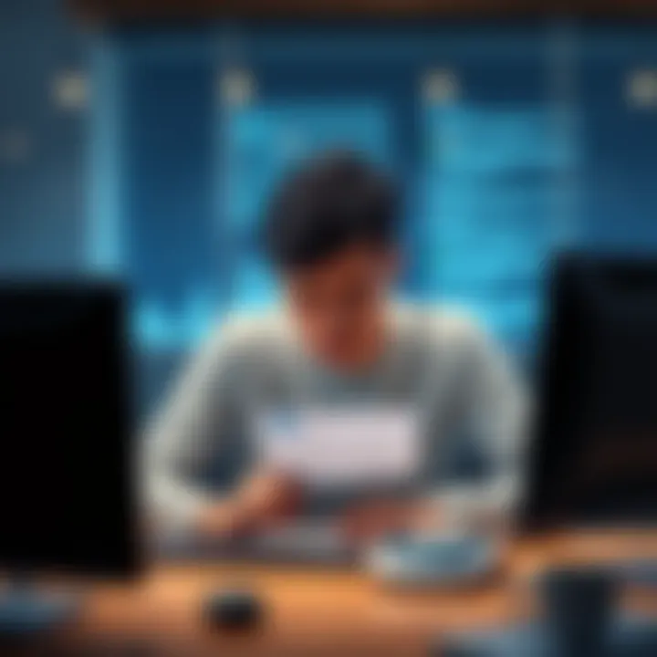 A frustrated individual sitting in front of a computer, looking at an email notification about withdrawal delays