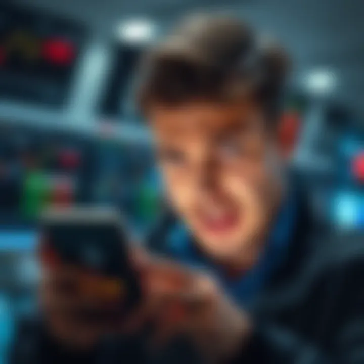 A trader looking annoyed at their phone screen displaying a pin lock message, symbolizing frustration with the new pin lock feature.