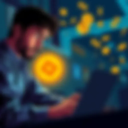 A person looking worried while checking their laptop, with Binance logo visible on screen and money symbols surrounding them.