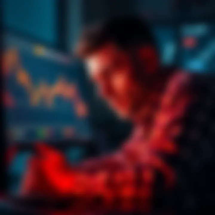 A distressed investor looking at a declining Bitcoin chart on a computer screen, symbolizing market challenges and timing issues in cryptocurrency investments.