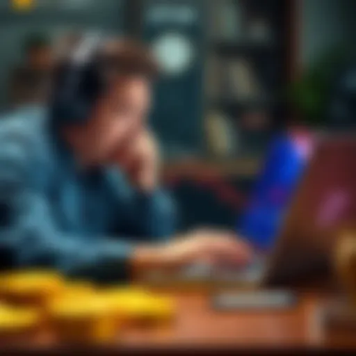 A distressed investor looks at a laptop showing a declining Bitcoin chart, reflecting a $13K loss.