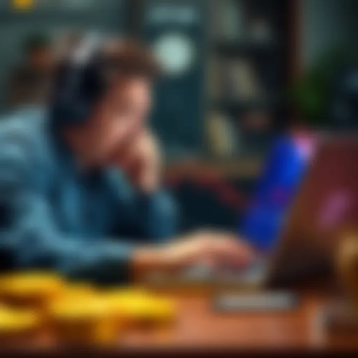 A distressed investor looks at a laptop showing a declining Bitcoin chart, reflecting a $13K loss.