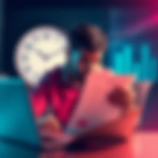A bitcoin user looking frustrated while checking their email on a laptop, showing documents related to KYC process, with a clock in the background symbolizing delays