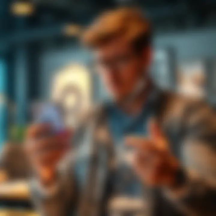 Frustrated business owner holding phone Business owner looks upset while holding a phone with a Revolut Business app open, expressing frustration over frozen funds, in an office setting