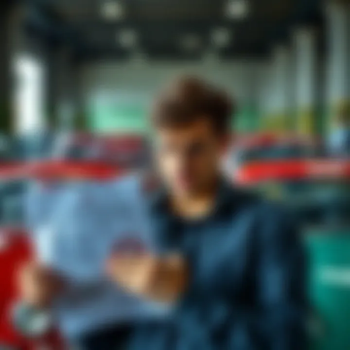 A person looking disappointed while holding a car auction document, surrounded by classic cars