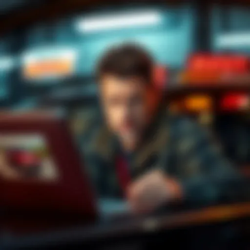 A car seller looks worried while reviewing a laptop with auction listing issues, showing a blurred image of a vehicle.