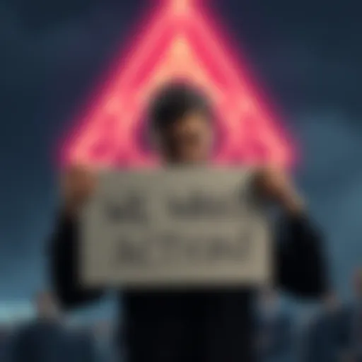 A frustrated person holding a sign that reads 'We Want Action!' in front of a Cardano logo, expressing discontent with development speed.