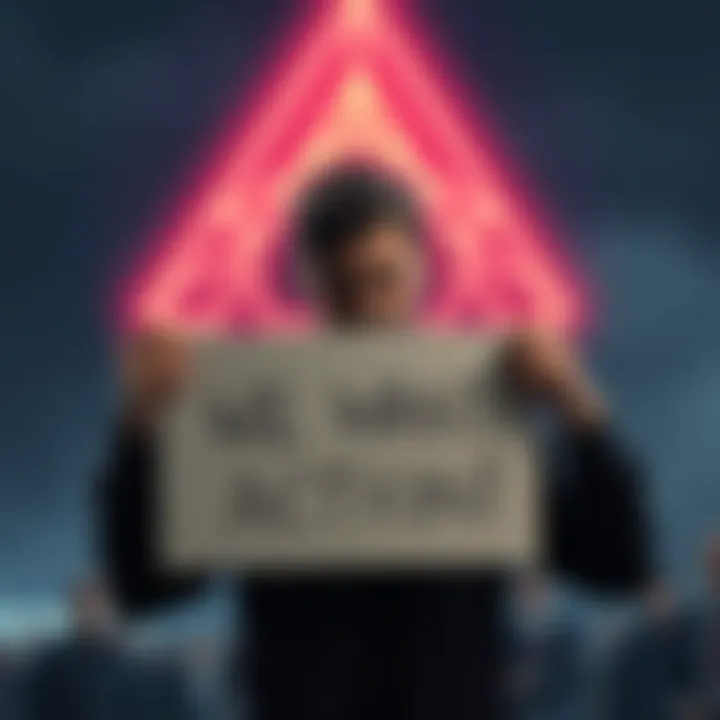 Frustrated Cardano Community Member A frustrated person holding a sign that reads 'We Want Action!' in front of a Cardano logo, expressing discontent with development speed.