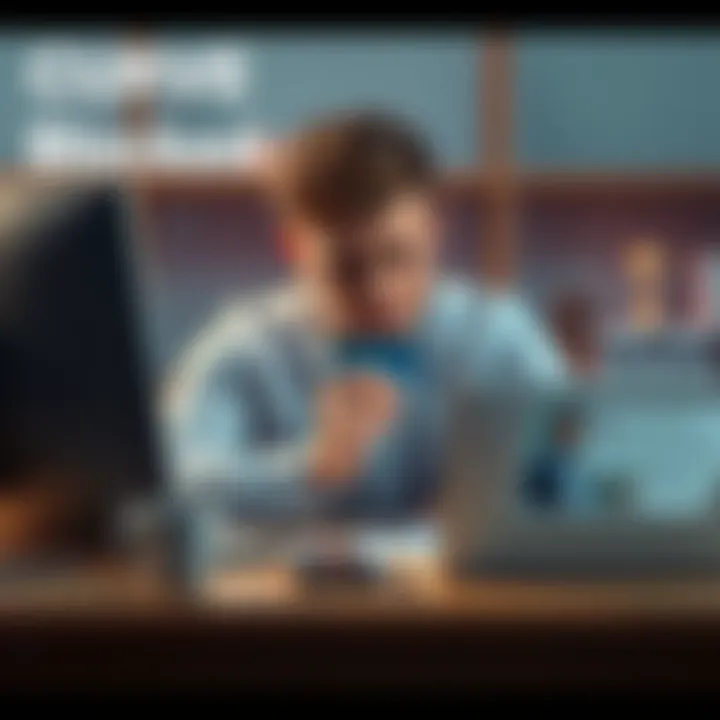 Frustrated cardholder at a computer A person sitting at a desk with a laptop, looking frustrated while holding a Curve card, surrounded by notes and a phone showing support messages.