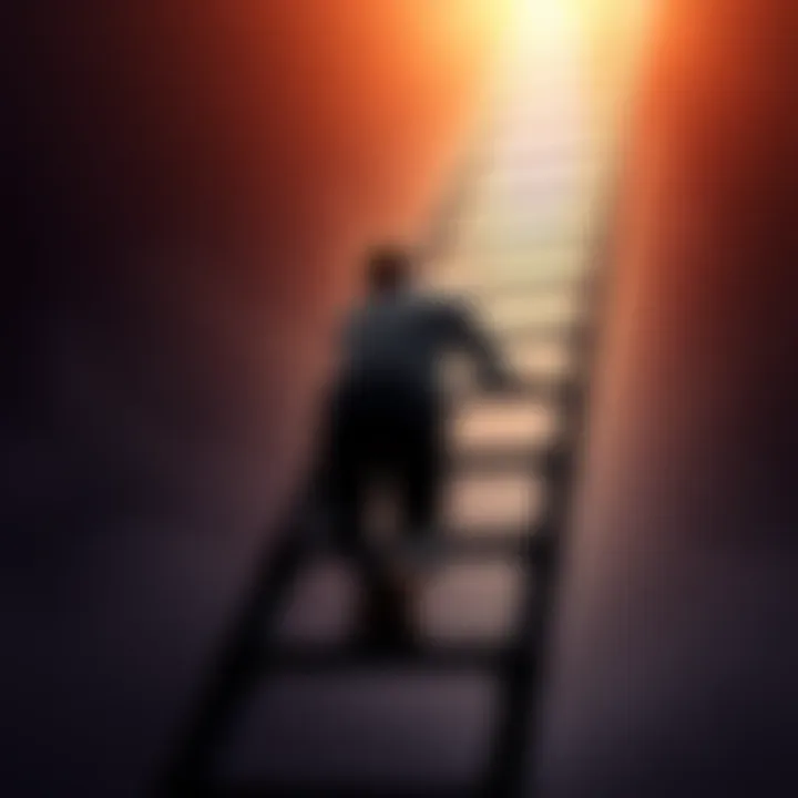 Person struggling to climb a tall ladder Individual experiencing frustration while trying to climb a high ladder symbolizing challenges