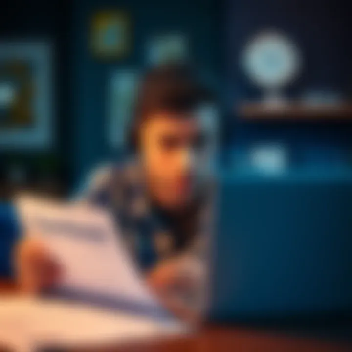 Frustrated Coinbase user seeking help A Coinbase user appears worried while trying to communicate with support, surrounded by compliance documents and a laptop displaying account problems.