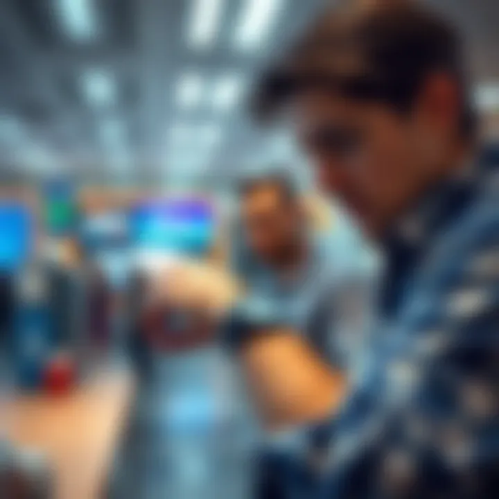A person looking at their watch in a bank, showing signs of frustration over slow service