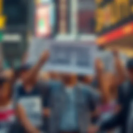 A person holding a sign expressing frustration over long advertisements, surrounded by others showing support.