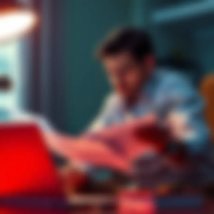 Frustrated creditor seeking answers A concerned creditor looks at paper documents and a laptop, showing frustration over missing payments and lack of communication.