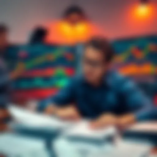 A stressed investor surrounded by tax forms and a computer displaying cryptocurrency charts