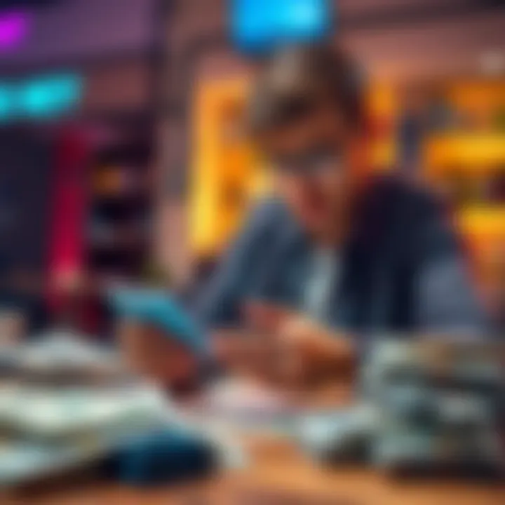 A frustrated person looking at their phone, unable to access their bank account, with bills piled on the table beside them.
