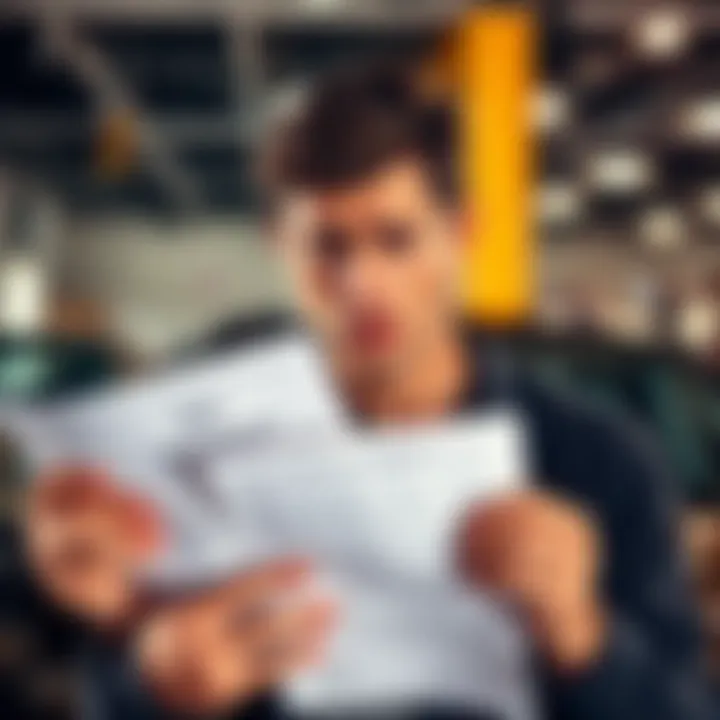 A person looking disappointed while holding car shipping paperwork and registration documents, showing frustration with their experience.