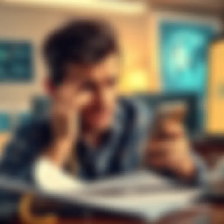 A person looking upset while holding a phone, surrounded by papers and a computer, indicating frustration with automated customer service responses.