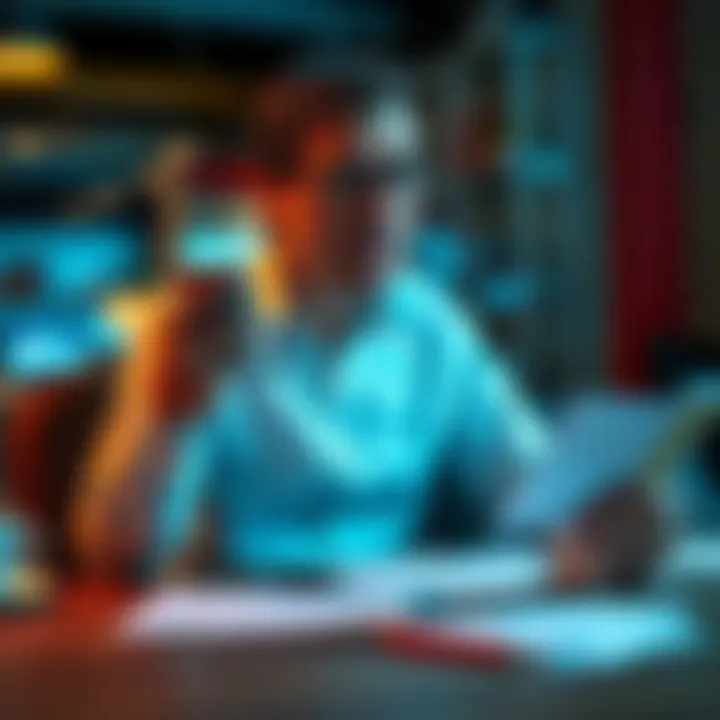 Customer expresses frustration over failed money transfer on phone while sitting at a table with paperwork