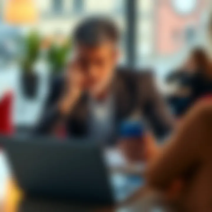 Frustrated customer looking at smartphone A frustrated customer checking their smartphone, feeling upset about a frozen transfer with Revolut, sitting at a table with a laptop and documents