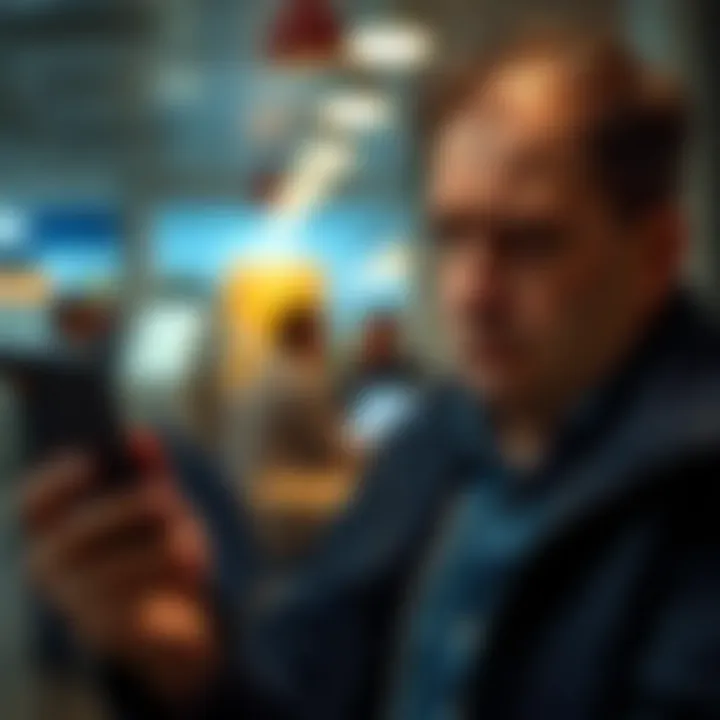 A dissatisfied person looking at their phone with a frown, symbolizing frustration with customer service, holding a Monzo card in the other hand.