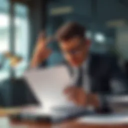 A diplomat looking stressed while reviewing papers at a desk, highlighting issues with customer service at Revolut.