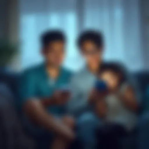 A worried family sits together at home, looking at their phones, concerned about delayed cryptocurrency withdrawals from Kraken after a scam incident.