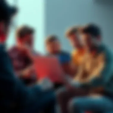 Frustrated Friends Discussing Bitcoin A group of friends sitting together, one with a laptop showing Bitcoin charts while others look frustrated and envious.