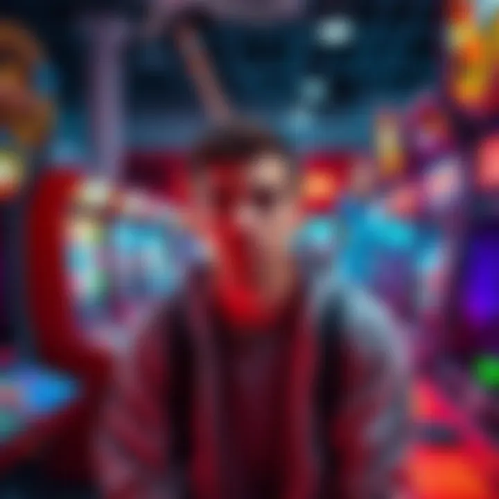 A person looking disappointed while playing at an arcade, surrounded by game machines and unclaimed reward tickets.