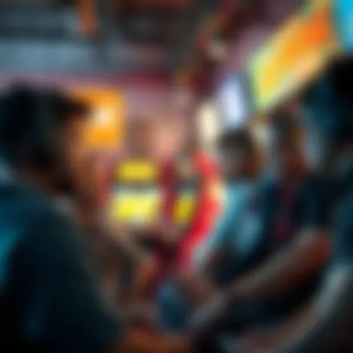 A group of gamers expressing their concerns about arcade game glitches and support delays at a local gaming store