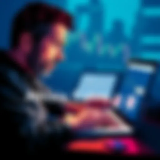 An investor looks worried while checking their altcoin portfolio on a laptop, showing declining charts and notifications of possible delistings.