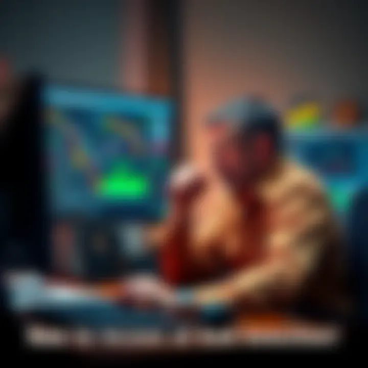 An investor sitting at a desk, staring at charts on a computer screen with a worried expression, representing frustration after a bad investment.