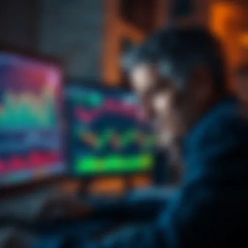 A worried investor stares at a computer screen filled with declining financial charts, expressing frustration over recent investment losses.