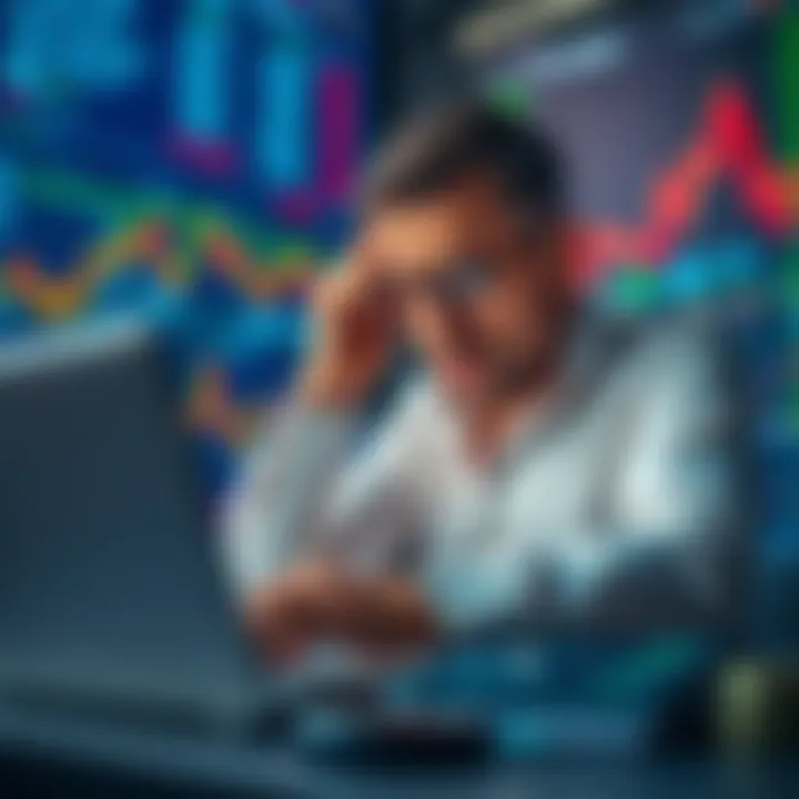 An investor looking stressed while trying to sell stocks on a laptop, surrounded by stock market charts and graphs