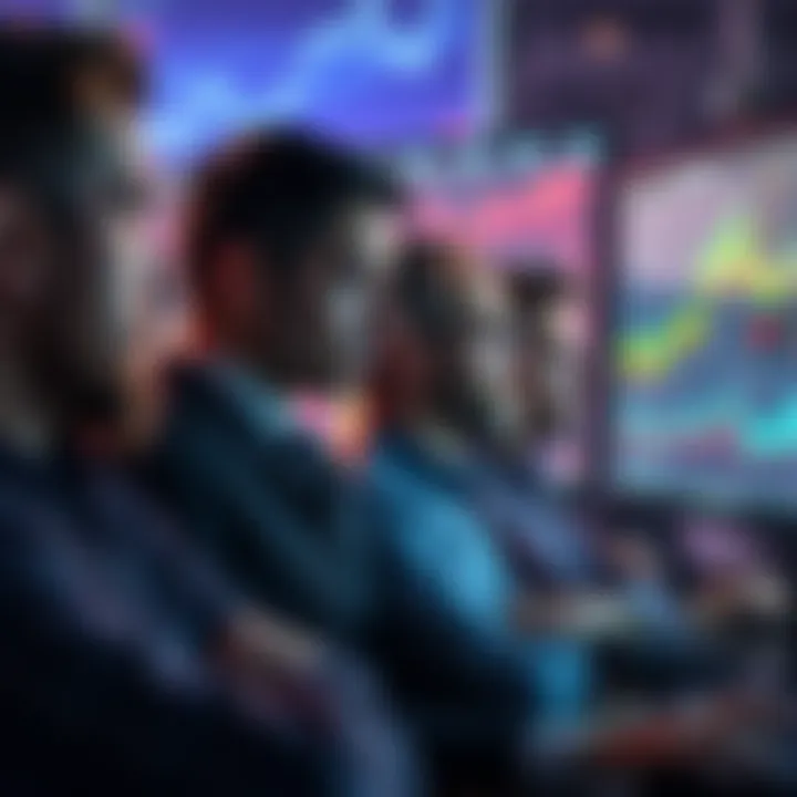 A group of investors looking frustrated while gazing at flat cryptocurrency charts on screens, considering a shift to stocks