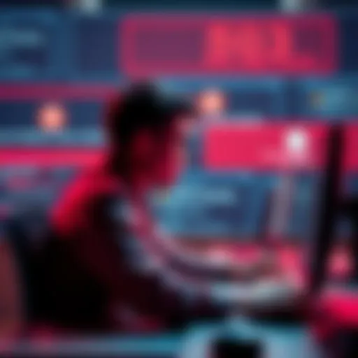 A person sitting at a computer looking frustrated while trying to log in, surrounded by error messages on the screen indicating connection problems and Error 503