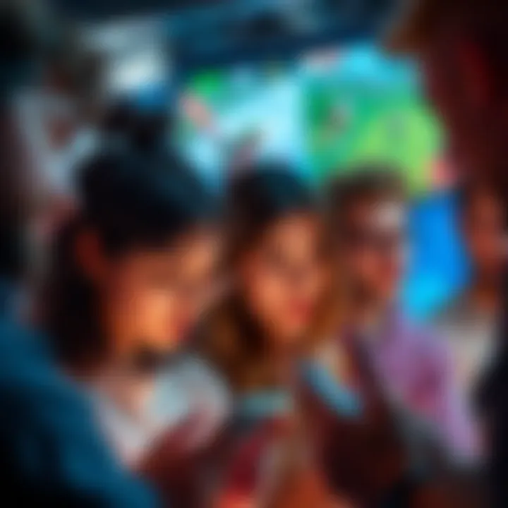 A group of people looking disappointed while playing mobile games on their phones, with images of racing and fishing games faded in the background.