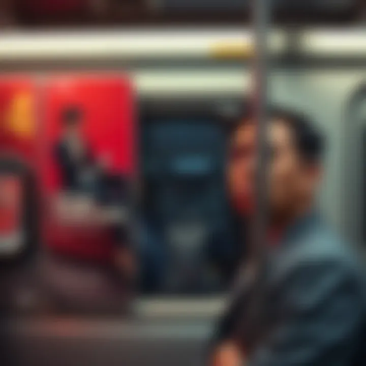 A person on public transit appears shocked by a strange advertisement on the wall, expressing frustration with a frown.