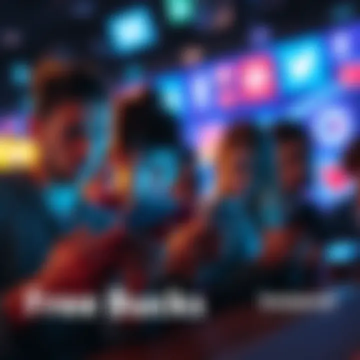 A group of people looking annoyed while scrolling on their devices, surrounded by social media icons related to the Free Bucks topic