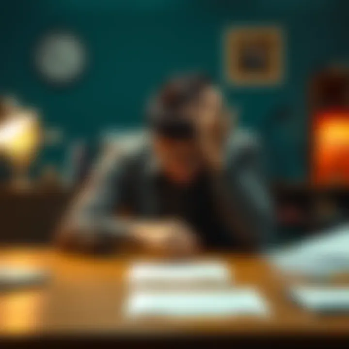 Frustrated Person A person sitting at a desk with their head in their hands, showing signs of frustration and stress.