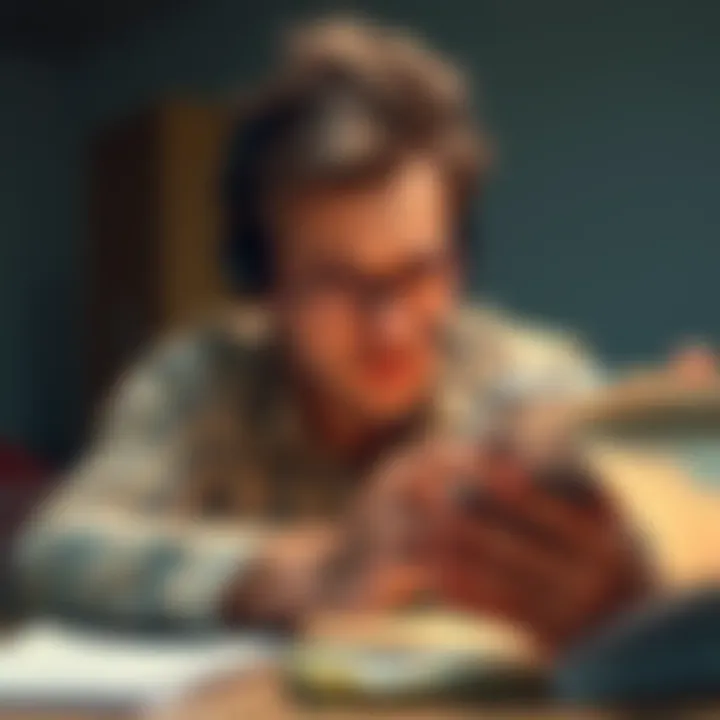 Frustrated person checking bank transfer A person looking stressed while checking their phone for bank transfer updates, surrounded by financial documents