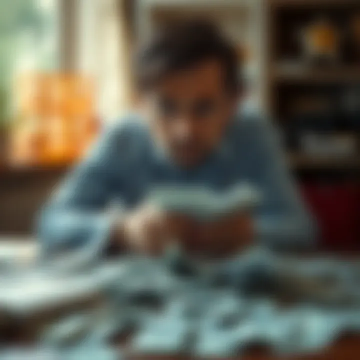 A person sits at a table with bills scattered around, showing frustration over financial advice gone wrong.