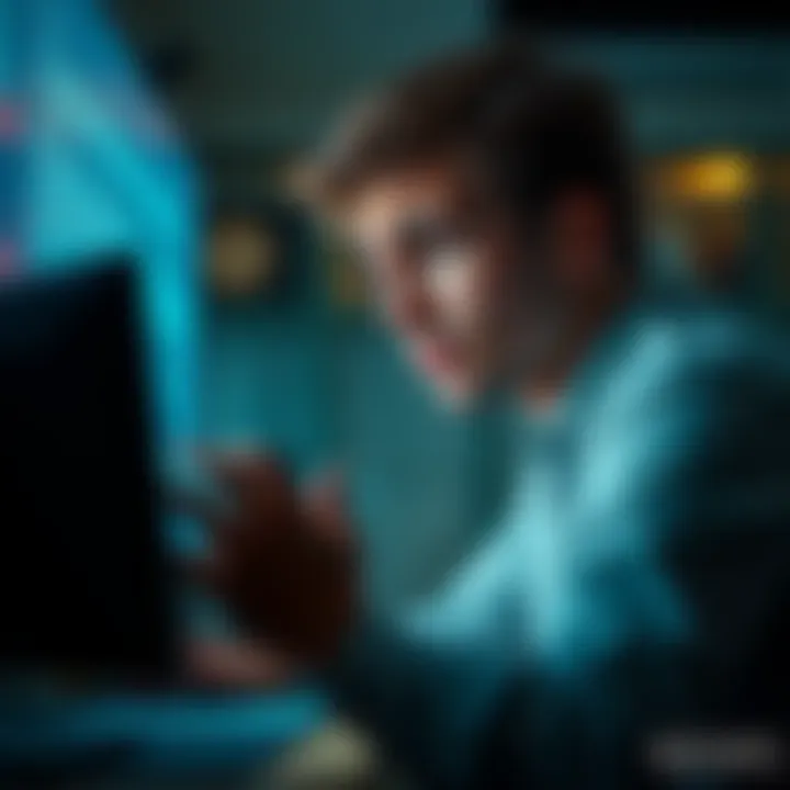 A person looking frustrated while trying to sell land parcels online, staring at a computer screen with error messages, representing user issues in selling land.