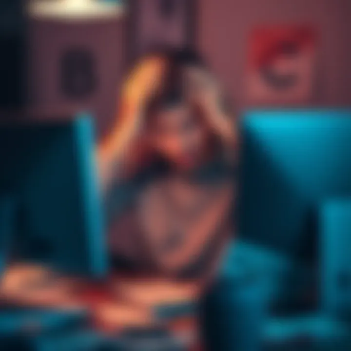 A person looking frustrated at their computer while trying to withdraw money from Coinbase, surrounded by bills and stress-related items.