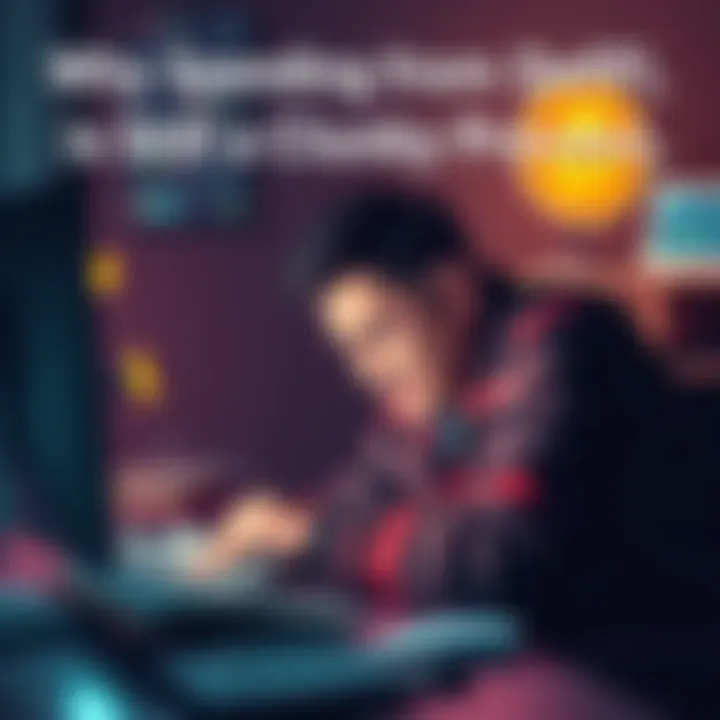 A person looking stressed while using a computer, with crypto symbols on the screen and cash next to them.