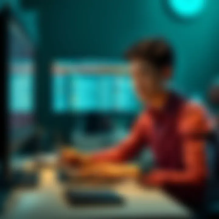 A frustrated person sitting at a desk with a computer, looking at a crypto forum with a concerned expression, symbolizing issues in withdrawing funds from Wellington Pro.