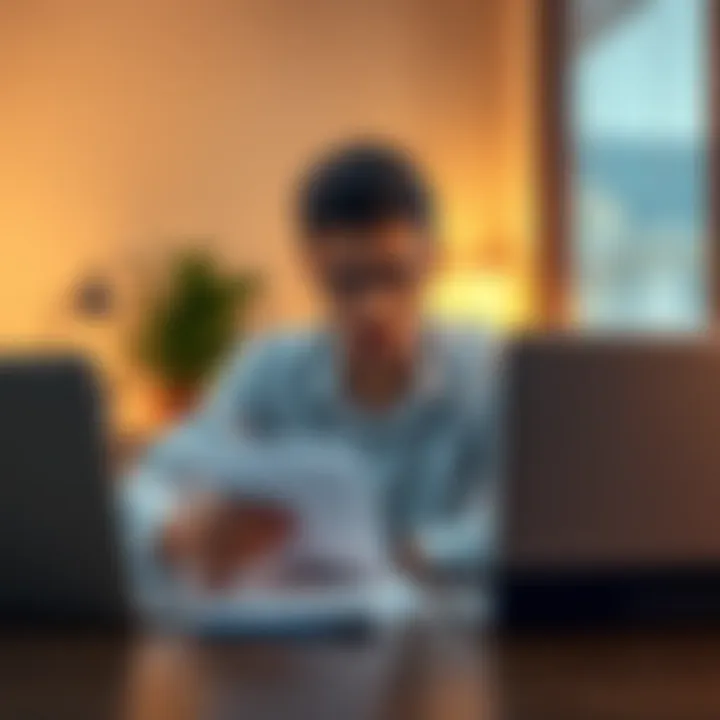 Person looking frustrated with financial documents A frustrated person sits at a table with financial documents and a laptop, expressing concern over delayed withdrawals.